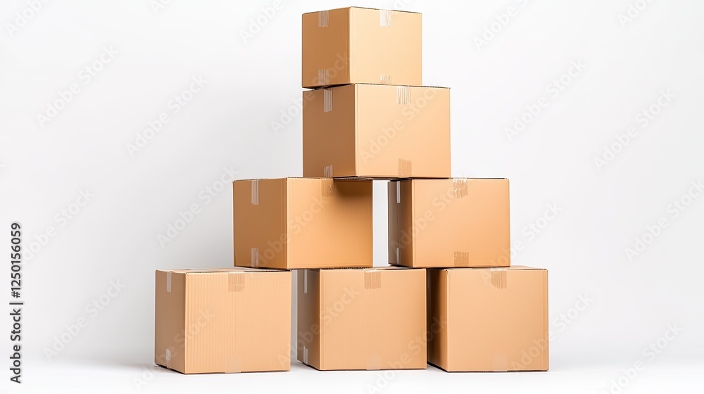 Stacked cardboard boxes arranged in a pyramid shape against a plain white background Stacked cardboard boxes arranged in a pyramid shape against a plain white background