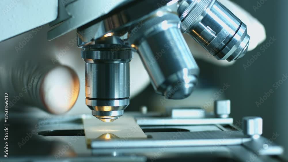 Microscope close-up reveals intricate details of specimen preparation and analysis in laboratory environment