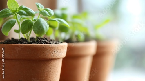 Freshly Sprouted Basil Plants in Small Terracotta Pots on a Sunlit Windowsill : Generative AI
