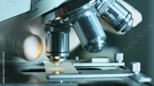 Microscope close-up reveals intricate details of specimen preparation and analysis in laboratory environment