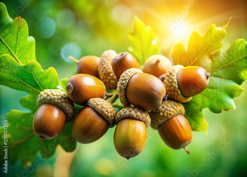 Close-up of Oak Acorns on Branch, Forest Green Background, Autumn Nature Photography