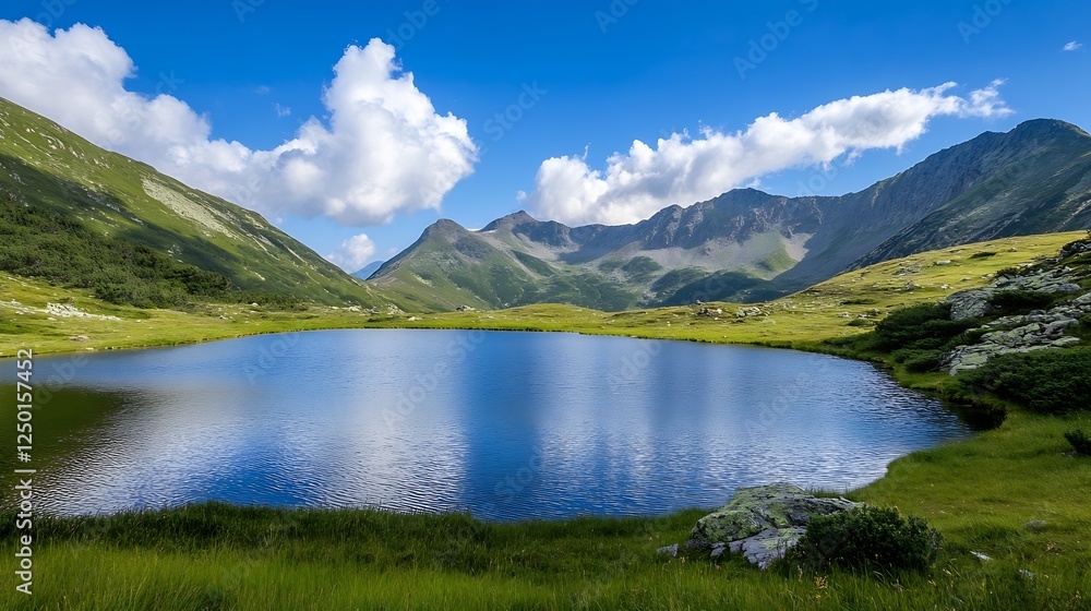 Breathtaking mountain landscape with serene lake under blue sky and fluffy clouds : Generative AI Breathtaking mountain landscape with serene lake under blue sky and fluffy clouds : Generative AI