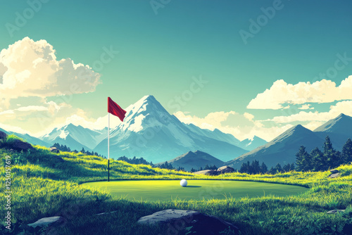 Golf flag on lush green course, surrounded by trees and clear blue sky. photo