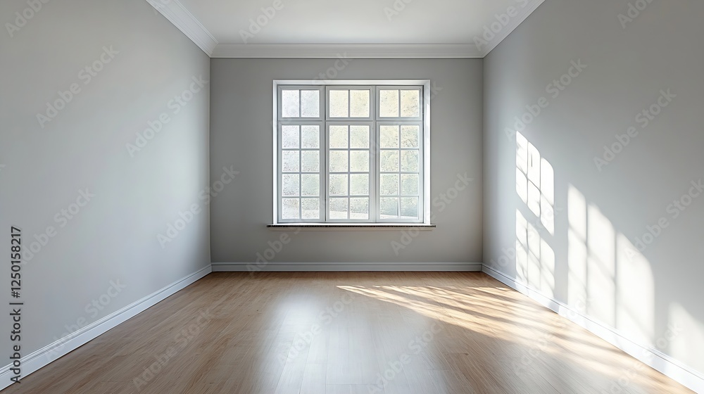 Fototapeta premium Empty Modern Room with Natural Light Streaming Through Large Window onto Wooden Floor : Generative AI