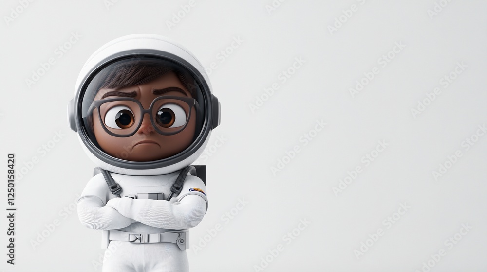 Sad cartoon astronaut with arms crossed, wearing glasses and a spacesuit against a white background.