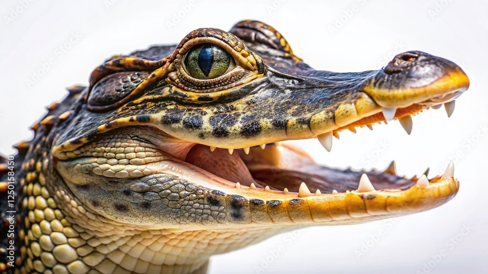 Fototapeta premium Close-up Side Profile of Young Alligator Isolated on White Background - Perfect for Wildlife, Reptile, and Nature Stock Photography
