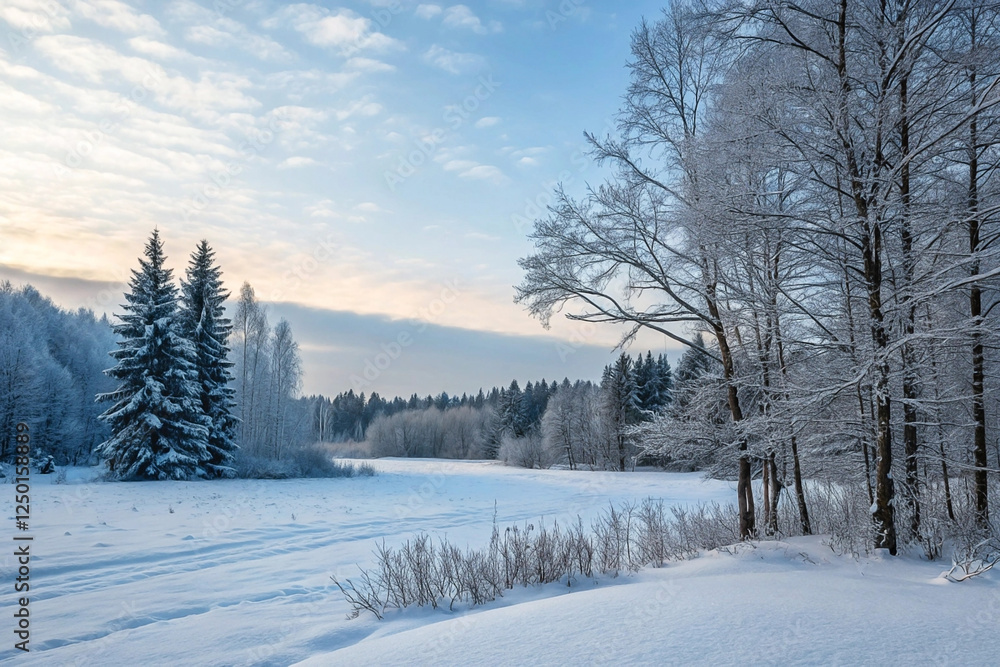 Snowy winter landscape at dawn Snowy winter landscape at dawn