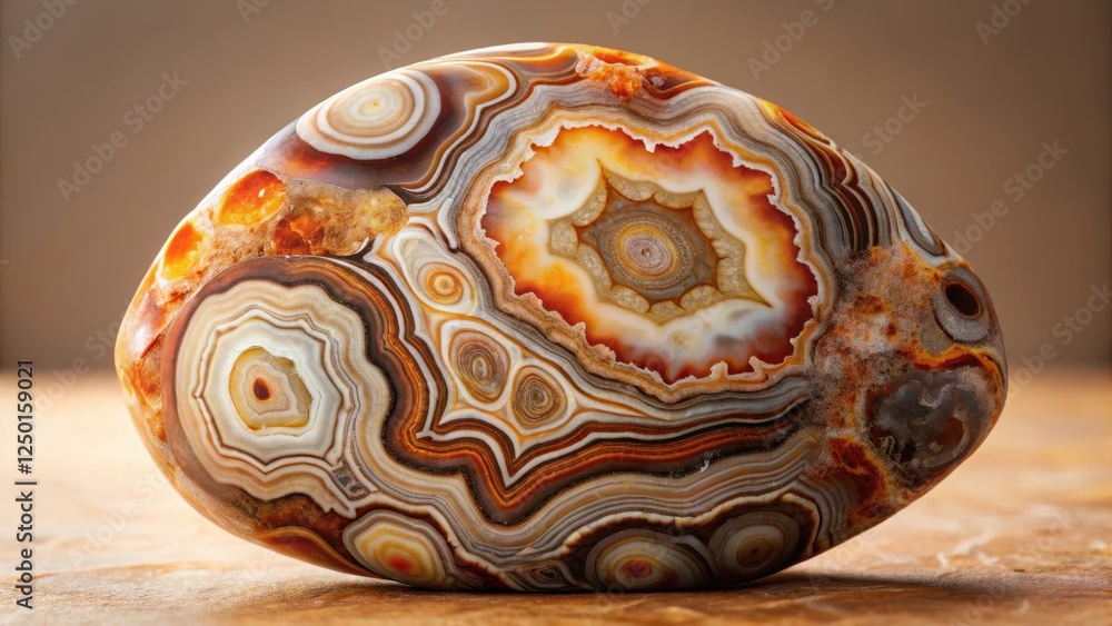 Close-up of a beautiful agate mushroom stone with intricate patterns and earthy tones set against a neutral background , nature, geological Close-up of a beautiful agate mushroom stone with intricate patterns and earthy tones set against a neutral background , nature, geological