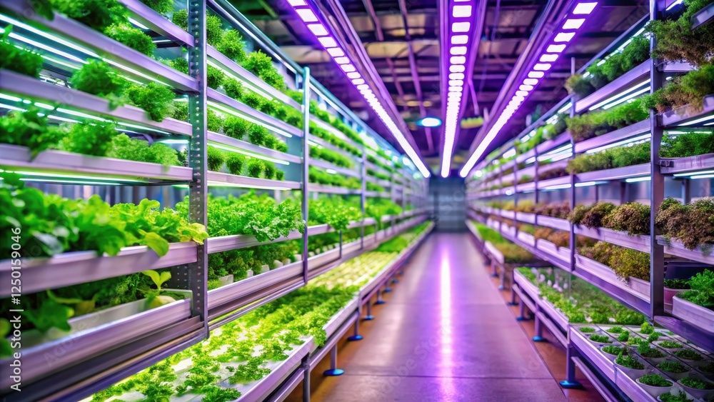 Fototapeta premium Futuristic Indoor Vertical Farm, Tilt-Shift Photography, Green Plants, Hydroponics, Smart Agriculture