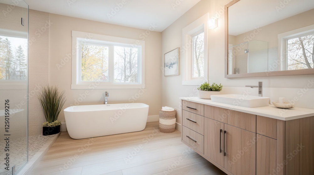 Modern Bathroom with Floating Vanity and Stylish Bathtub Design Modern Bathroom with Floating Vanity and Stylish Bathtub Design