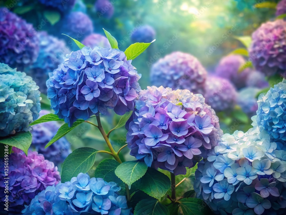 Cold Hues Hydrangea Bush: Double Exposure Floral Garden Background Stock Photo Cold Hues Hydrangea Bush: Double Exposure Floral Garden Background Stock Photo