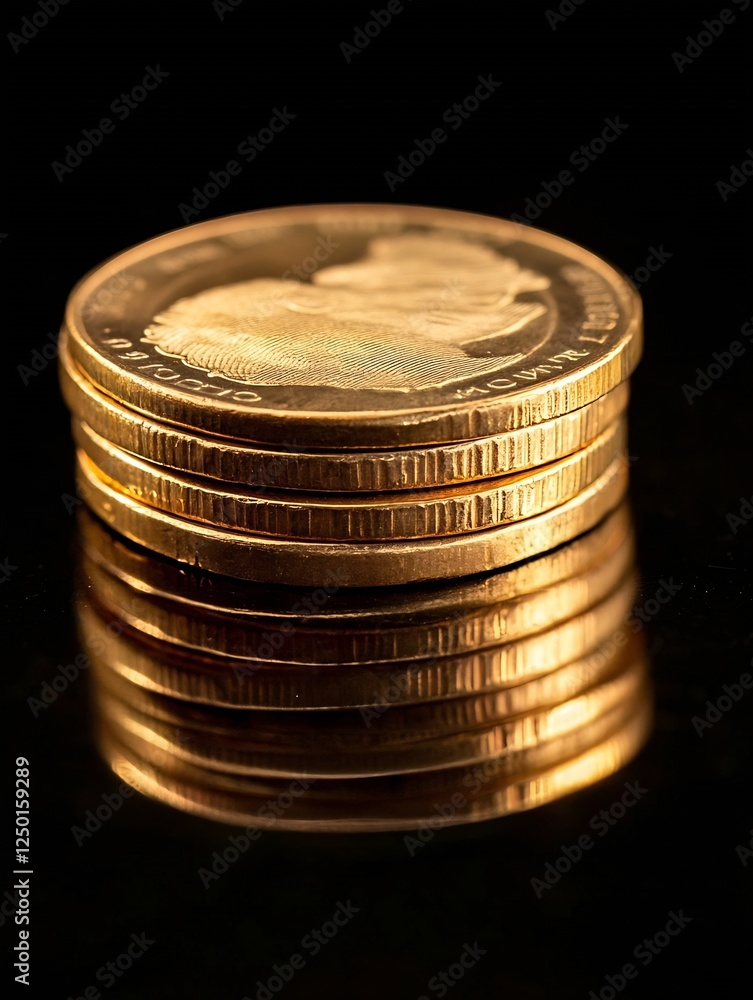 Golden Coins Stacked on a Glossy Surface with Reflections for Financial Concepts : Generative AI Golden Coins Stacked on a Glossy Surface with Reflections for Financial Concepts : Generative AI