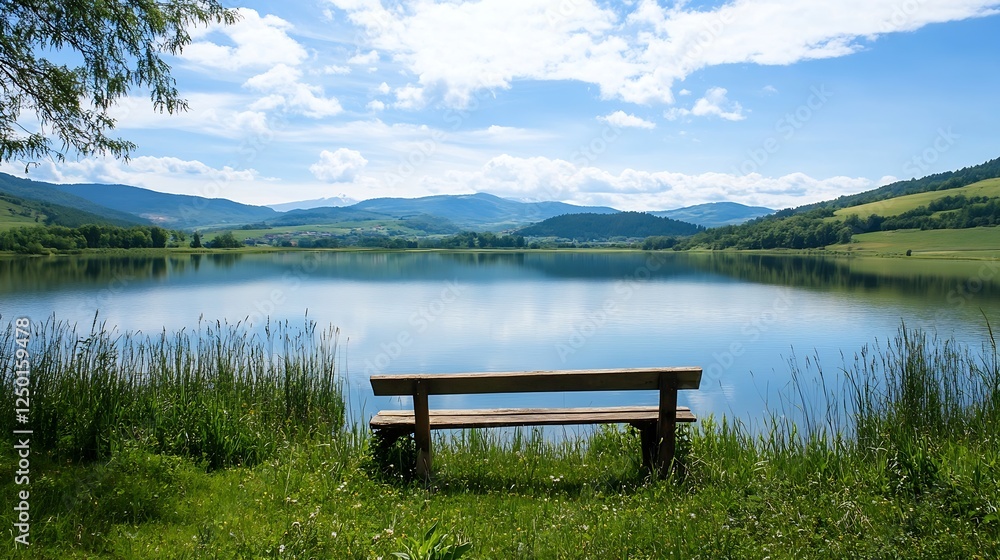 Tranquil Lakeside View with a Scenic Bench Surrounded by Lush Green Grass and Mountains : Generative AI Tranquil Lakeside View with a Scenic Bench Surrounded by Lush Green Grass and Mountains : Generative AI