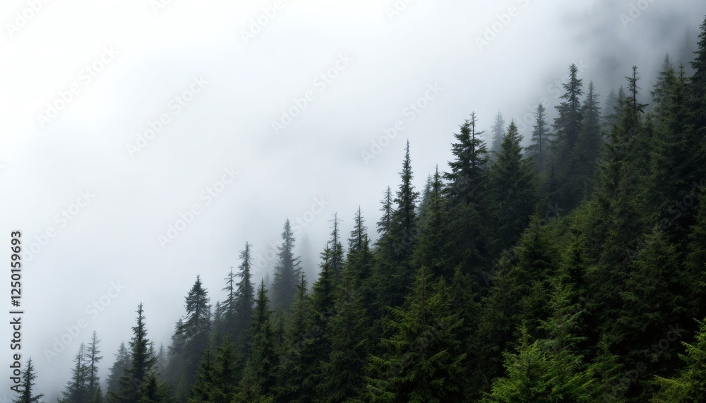 Mystic Fog Enveloping Dense Pine Trees on a Mountain Slope Mystic Fog Enveloping Dense Pine Trees on a Mountain Slope