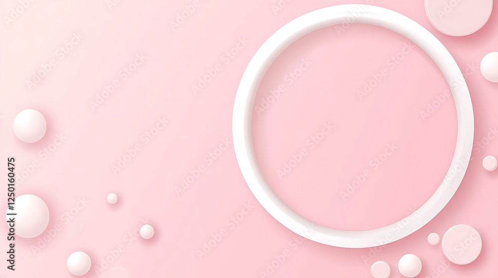 Pink background, white circle frame, spheres Pink background, white circle frame, spheres