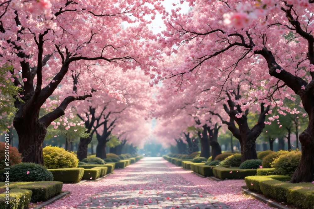 Serene Pink Cherry Blossom Trees Pathway Spring Scenery Serene Pink Cherry Blossom Trees Pathway Spring Scenery