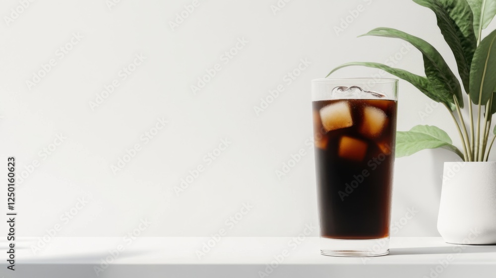 Refreshing Glass of Cold Beverage with Ice on a Bright Surface Refreshing Glass of Cold Beverage with Ice on a Bright Surface