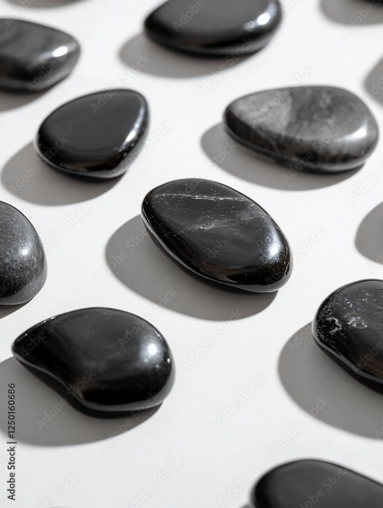 Polished black stones arranged in rows on a white background.
