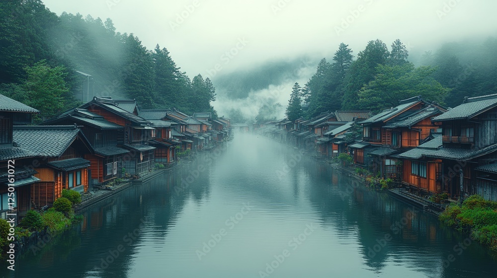 Naklejka premium A tranquil river runs through a picturesque mountain village,