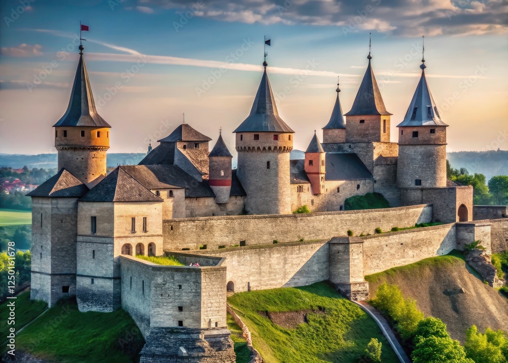 Fototapeta premium Ukraine's Kamianets-Podilskyi Castle: high walls, imposing towers, a minimalist masterpiece.