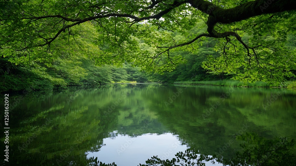 Lush Green Forest Reflected in Calm Water Surrounded by Nature during Daytime : Generative AI Lush Green Forest Reflected in Calm Water Surrounded by Nature during Daytime : Generative AI