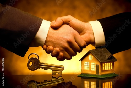 Business handshake symbolizing a successful real estate deal with a house model and a key on a reflective surface in a warm, welcoming light