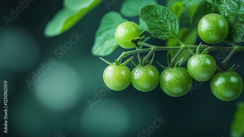 Green Tomatoes Growing on Vine, Bokeh Background, Food Photography photo