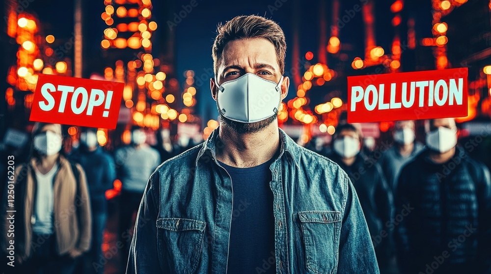 Obraz premium Man in mask leads protest against pollution in a city setting. PM 2.5 concept
