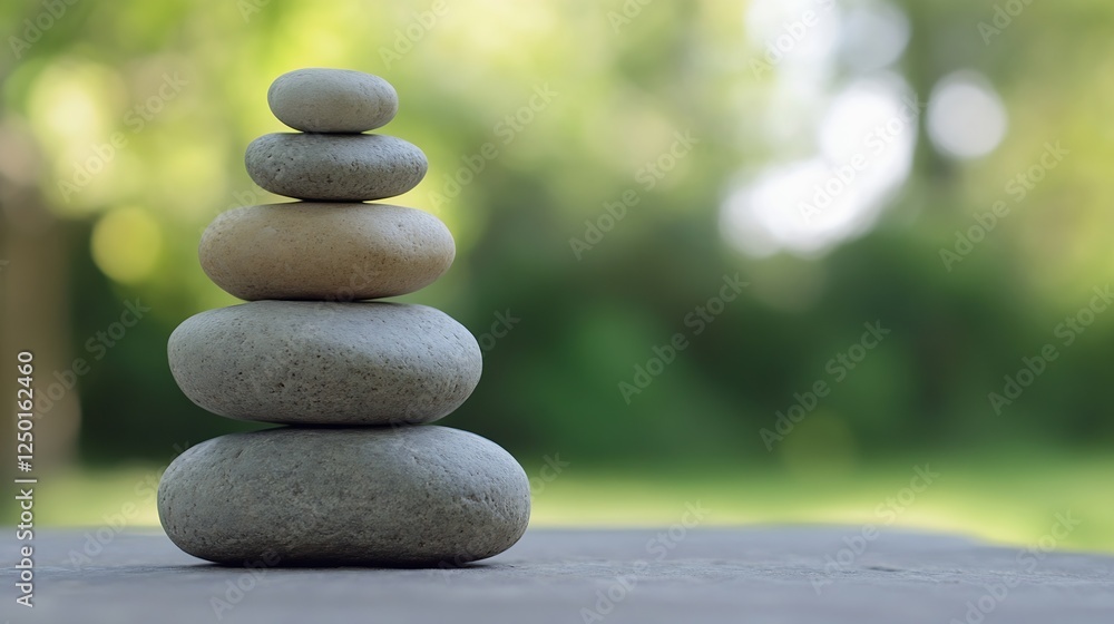 Tranquil stacked stones representing peace balance and nature in a garden : Generative AI