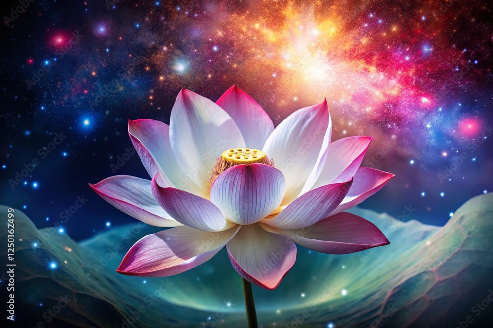 Cosmic Lotus Bloom: Pristine White Flower with Pink Edges and Red Gemstone Center Cosmic Lotus Bloom: Pristine White Flower with Pink Edges and Red Gemstone Center