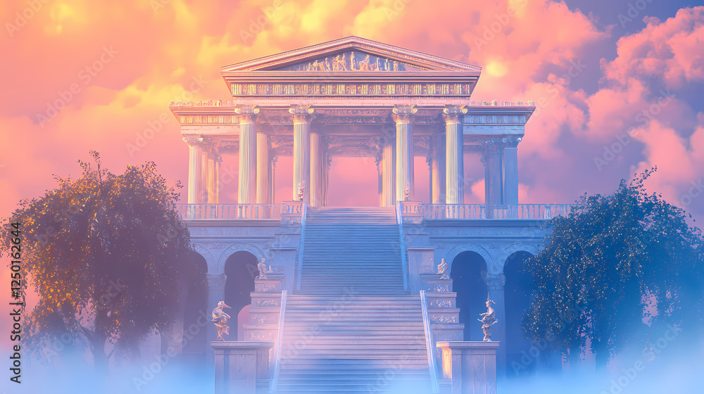 Obraz premium Enchanting celestial palace atop misty mount olympus. Celestial Gardens. Illustration
