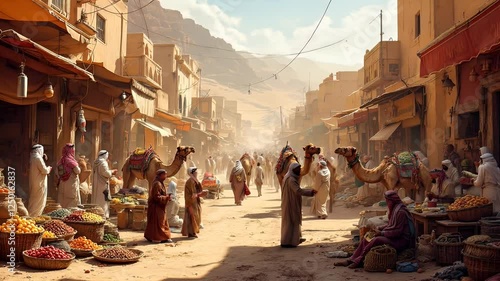 A Bustling Oasis Market: Camels, Merchants, and Desert Sands