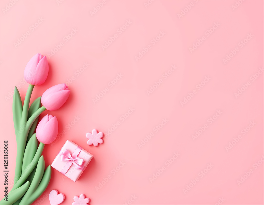 3D Pink Tulips Arranged on a Soft Pink Background with Empty Space for Text.
3D Pink Tulips Arranged on a Soft Pink Background with Empty Space for Text.
