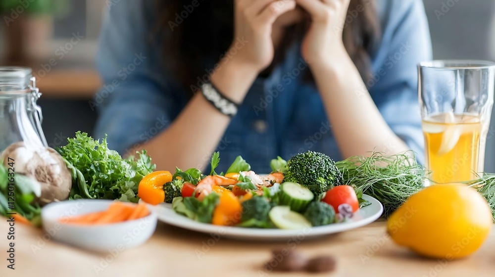 Healthy Fresh Vegetables and Woman Preparing Meal on Kitchen Table : Generative AI Healthy Fresh Vegetables and Woman Preparing Meal on Kitchen Table : Generative AI