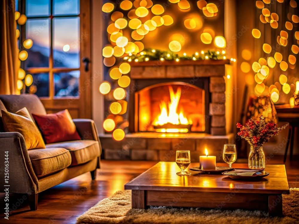 Obraz premium Cozy Fireplace Living Room Bokeh - Warm Winter Evening Relaxation