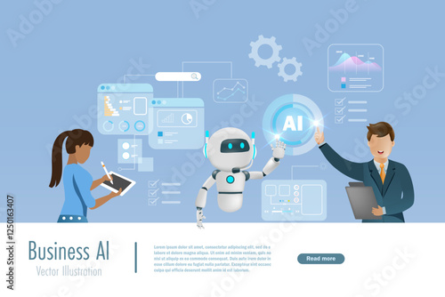 Businessmen interact with AI artificial intelligence robot for business and financial data analyzing. AI innovation technology as smart assistant in business data analysis to develop smart solution.