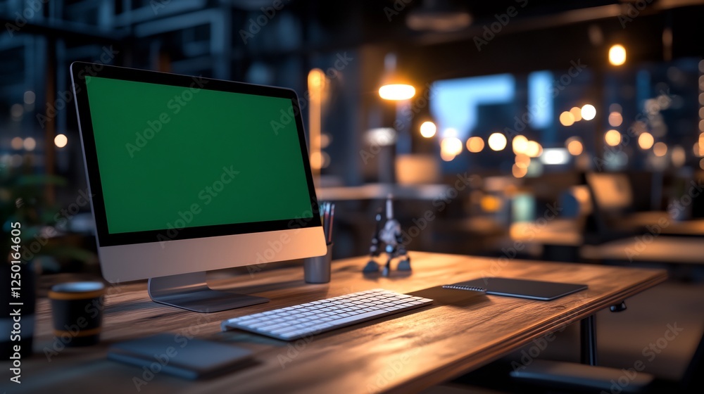 Night Workspace: iMac on Wooden Desk with Green Screen Night Workspace: iMac on Wooden Desk with Green Screen