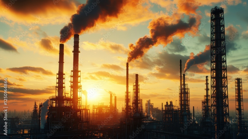 Industrial skyline at sunset with smokestacks and dramatic clouds. PM 2.5 concept Industrial skyline at sunset with smokestacks and dramatic clouds. PM 2.5 concept