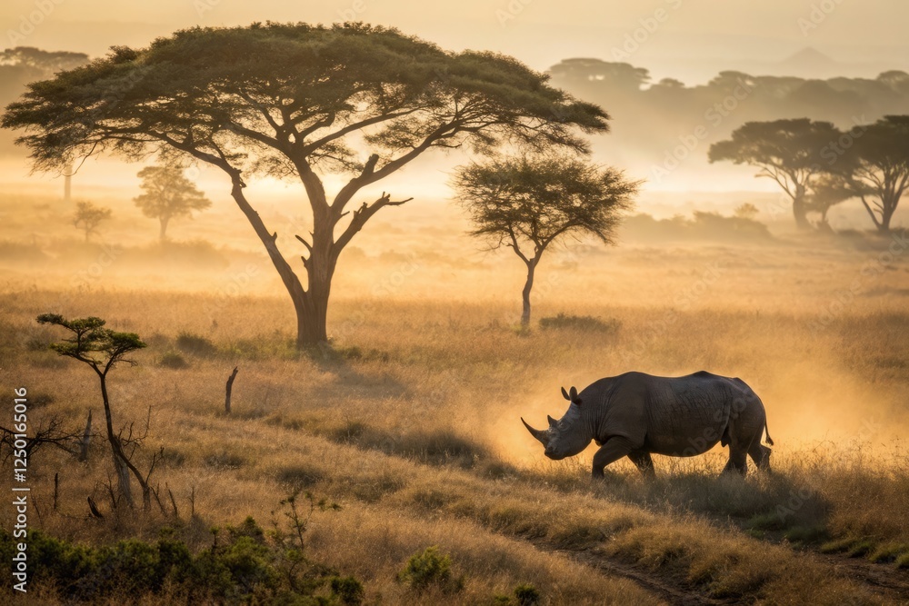Obraz premium Majestic Rhino Grazing: Aerial Drone Photography of African Wildlife