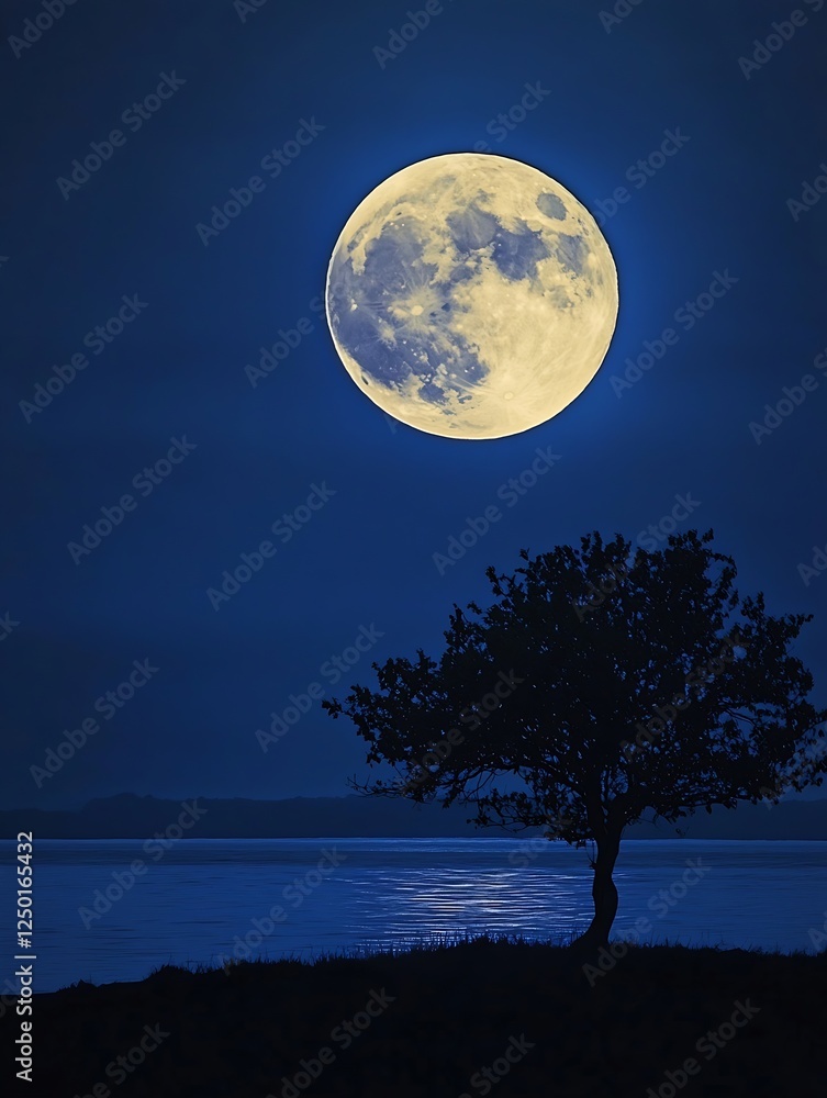 Mysterious Full Moon Illuminating the Night Sky Over a Silent Lake and Lone Tree : Generative AI Mysterious Full Moon Illuminating the Night Sky Over a Silent Lake and Lone Tree : Generative AI