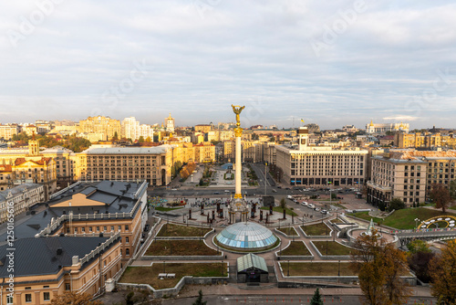 Maidan Nezalezhnosti, Independence Square, in Kyiv, Ukraine, Khreshchatyk Street runs through the middle. photo