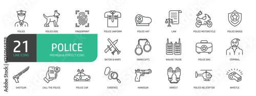 Set Of Police Line Icons. The set includes a Police Dog, Law, Baton & Knife, Handcuffs, Criminal, Shotgun, Evidence, Arrest, Handgun, Whistle, and more.