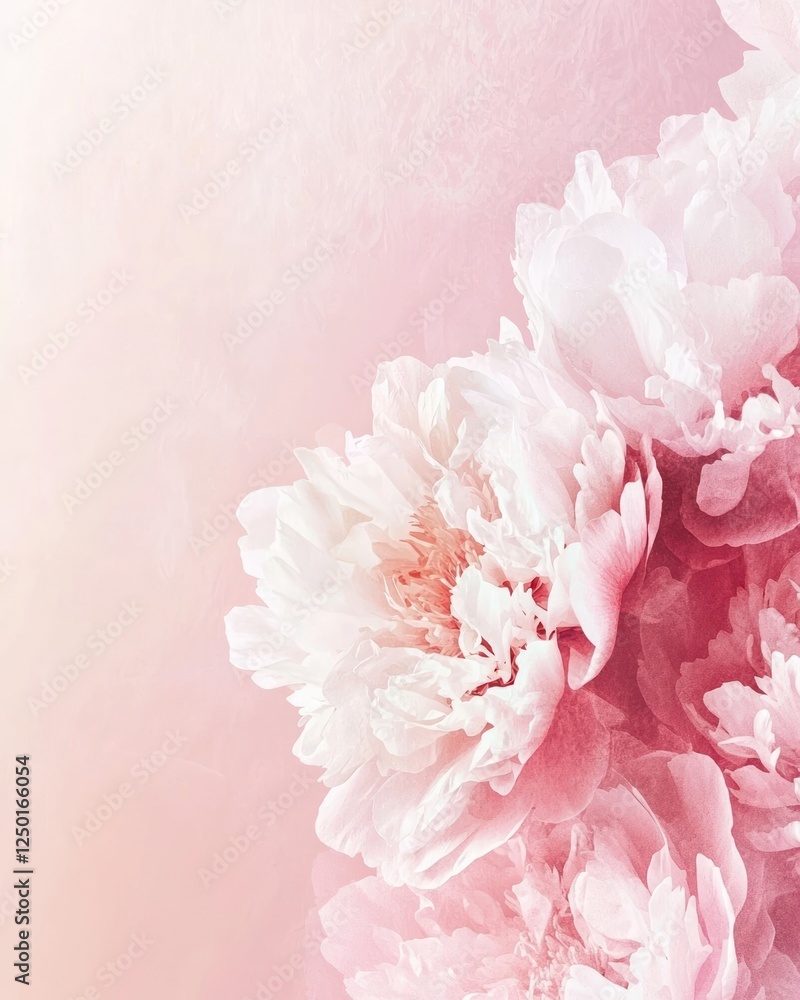 Elegant bouquet of pink and white peony flowers in full bloom with delicate petals and a soft pastel background