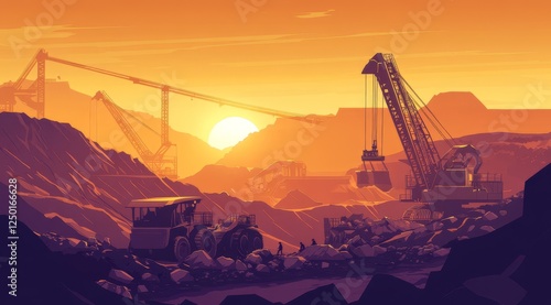 Open-pit mining operation at sunset