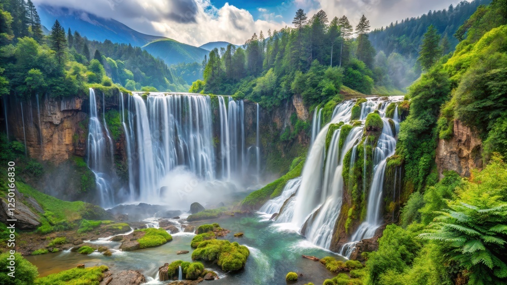 Fototapeta premium Breathtaking panoramic view of Nuorilang Waterfall in Sichuan Province with mist-covered mountains and lush greenery , nuorilang waterfall, nature