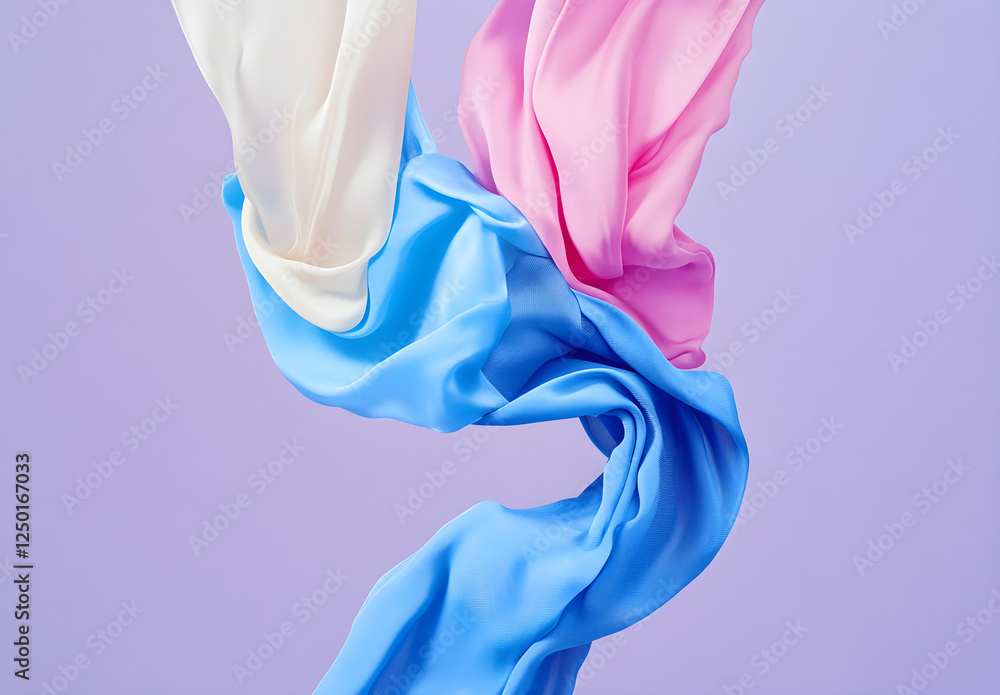 3D rendering of pastel blue, pink, and cream-colored cloth flying in the air. Abstract background with fluid shapes. The fabric is flowing in soft curves against a plain light purple backdrop. 3D rendering of pastel blue, pink, and cream-colored cloth flying in the air. Abstract background with fluid shapes. The fabric is flowing in soft curves against a plain light purple backdrop.