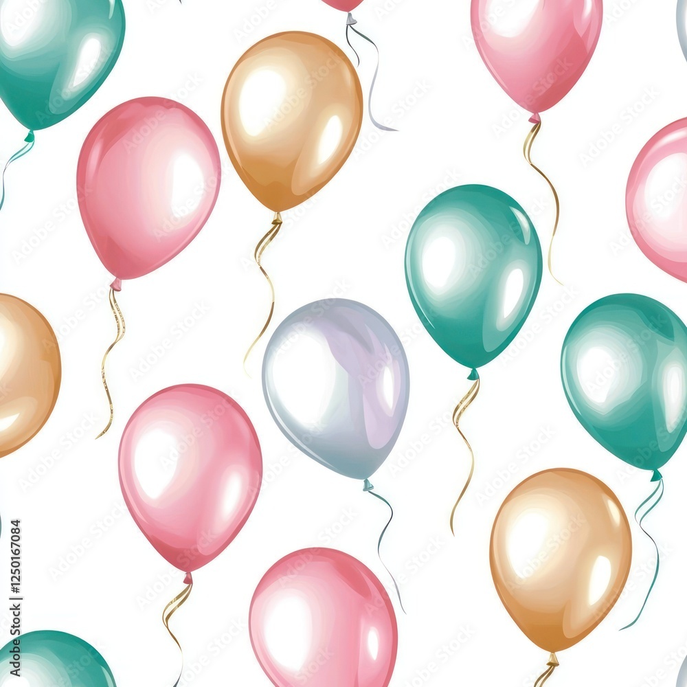 Seamless pattern featuring pastel-colored balloons in pink, blue, peach, and yellow shades floating on a white background Seamless pattern featuring pastel-colored balloons in pink, blue, peach, and yellow shades floating on a white background