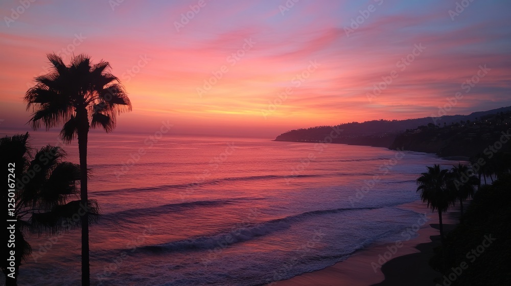 Fototapeta premium A vibrant sunset over the ocean, with palm trees silhouetted against colorful skies.