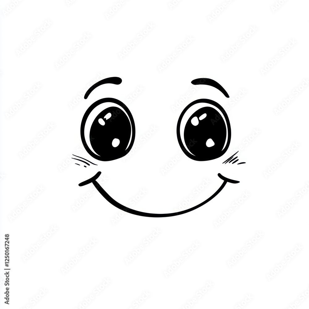 Minimalist black and white cartoon illustration of a cheerful smiling face with large expressive eyes on a white background Minimalist black and white cartoon illustration of a cheerful smiling face with large expressive eyes on a white background