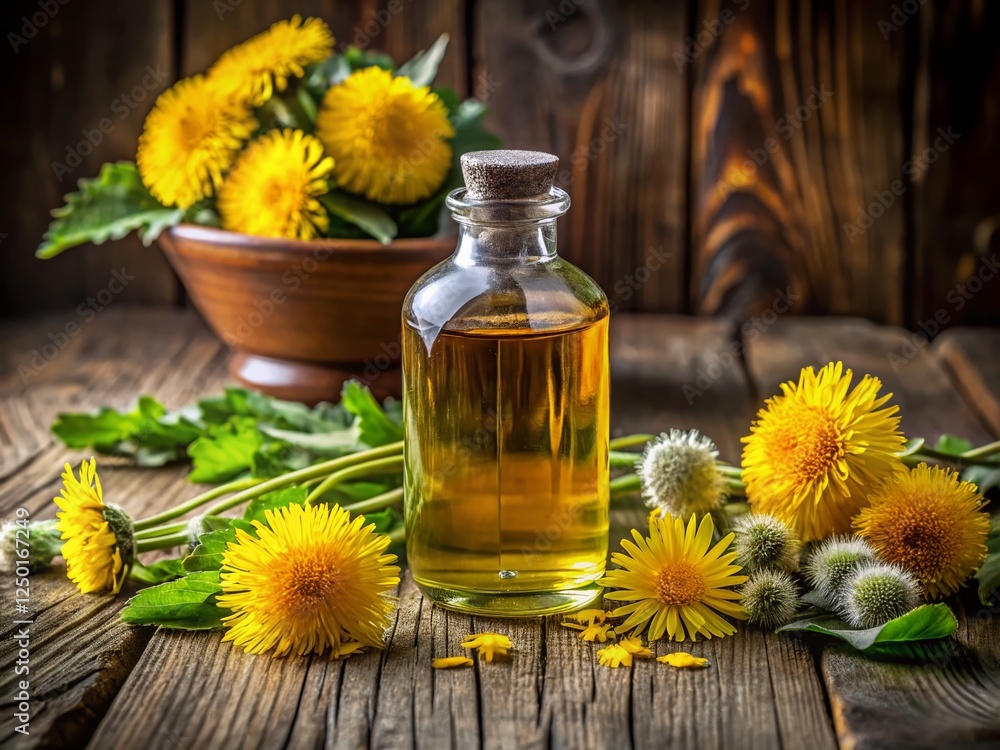 Dandelion Tincture & Oil: Herbal Remedy Panoramic Stock Photo Dandelion Tincture & Oil: Herbal Remedy Panoramic Stock Photo